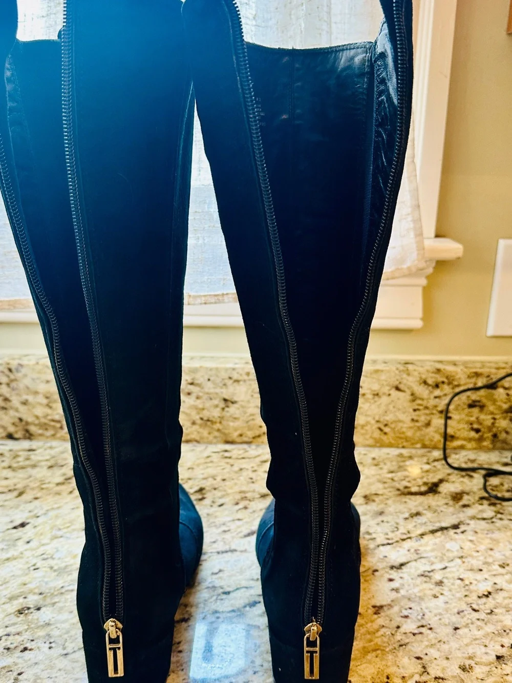 Tory Burch Black Suede Knee High Boots Gold Zip Size 8